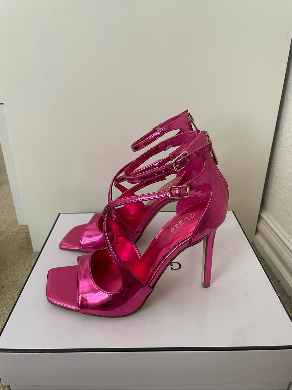 GUESS Metallic Hot Pink Strappy Stiletto Sandals